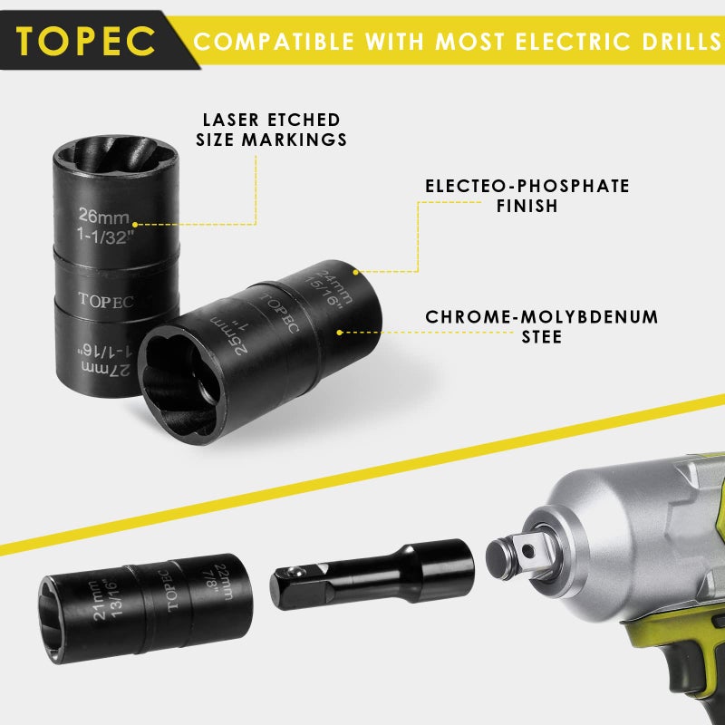Topec Flip Edition Lug Nut Remover  5 Piece Wheel Lock Removal Kit for Removing Stripped  Damaged  Frozen  Rusted  Rounded-Off Bolts  Nuts & Screws and Other Fasteners  Double Size Extractor Socket - Image 4